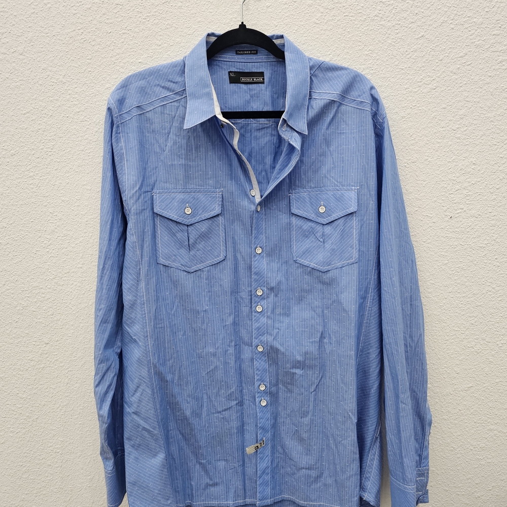 Buckle Men's Blue Striped Dress Shirt